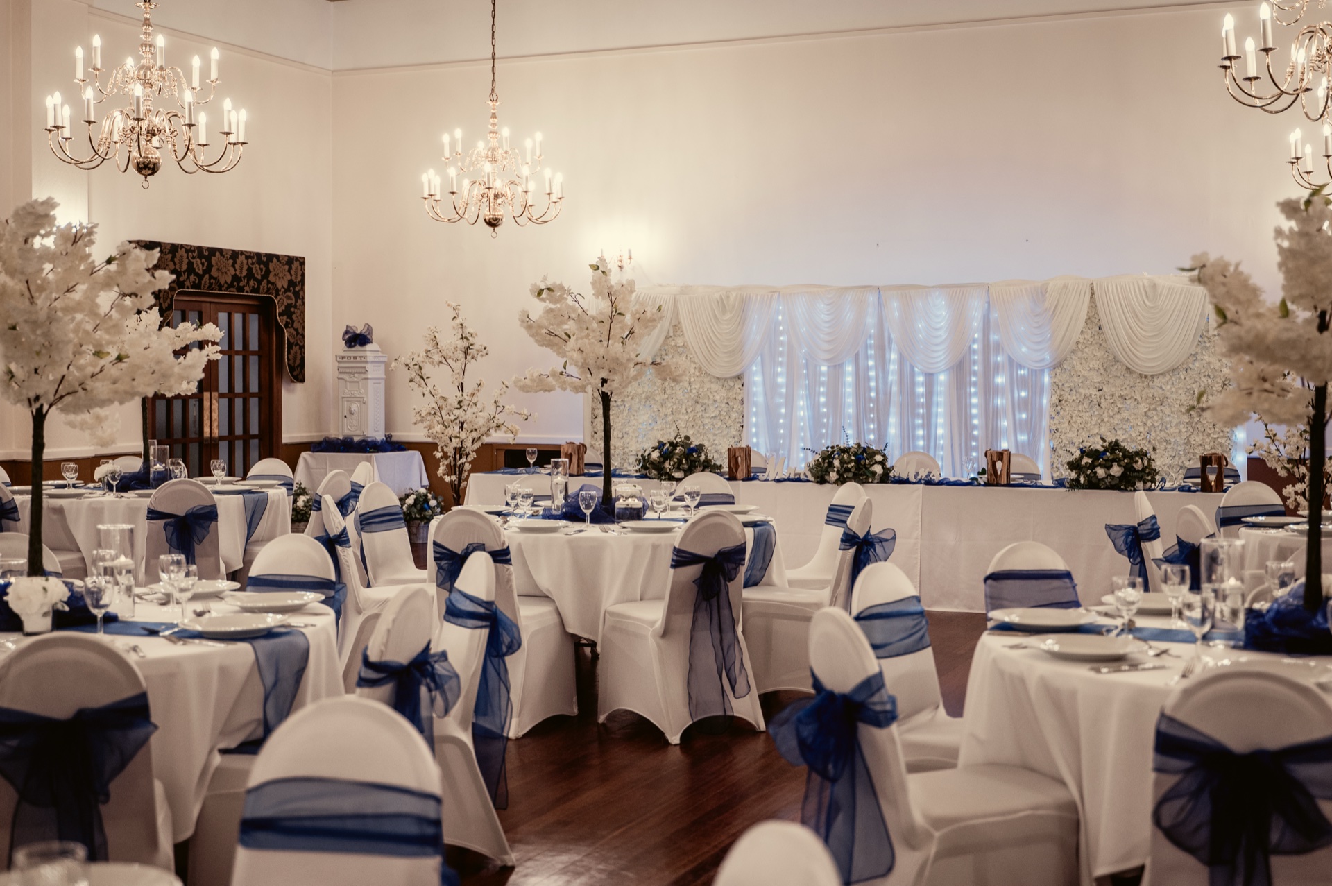 The hall set for an evening celebration