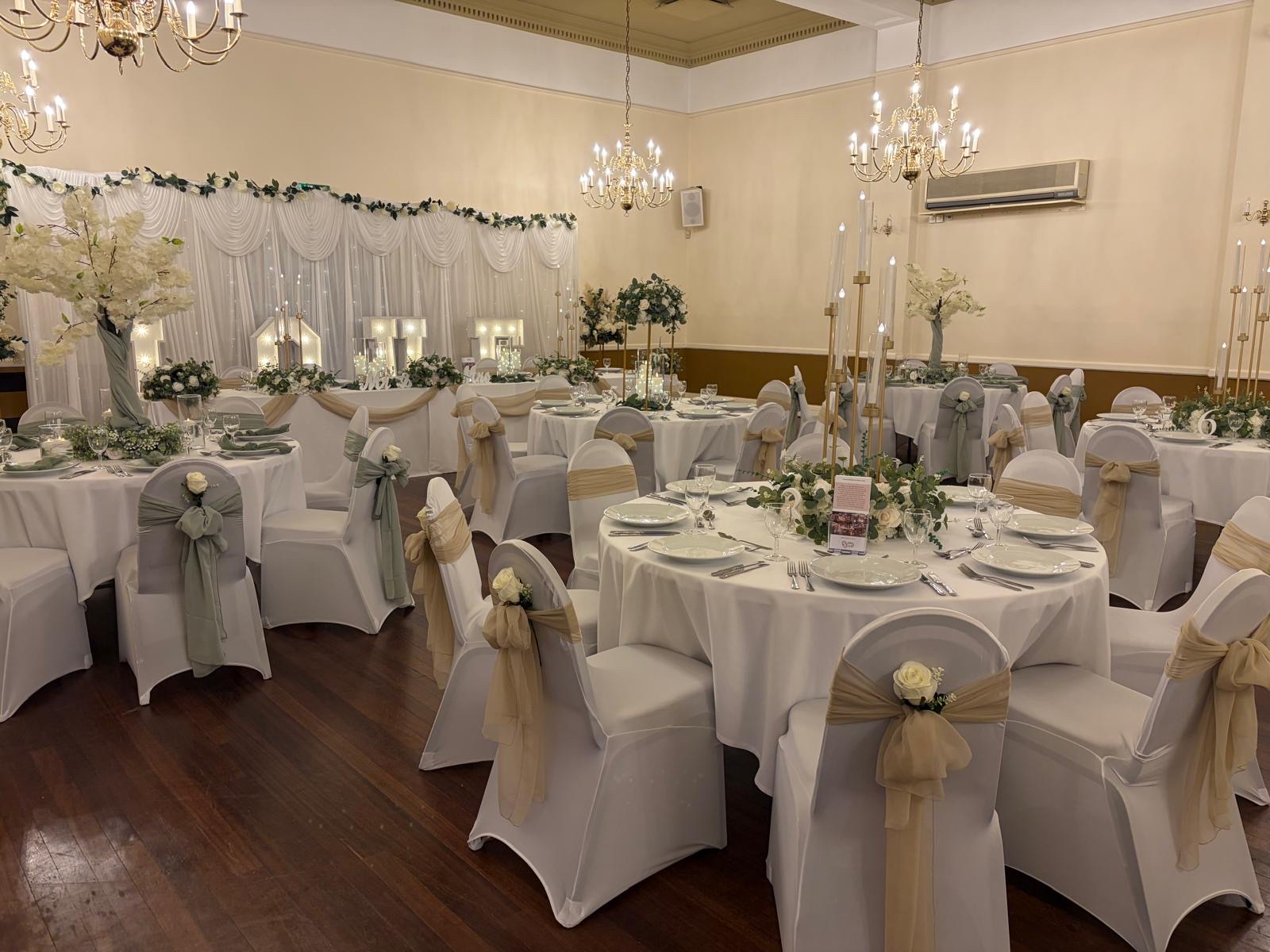 The hall dressed for a wedding reception