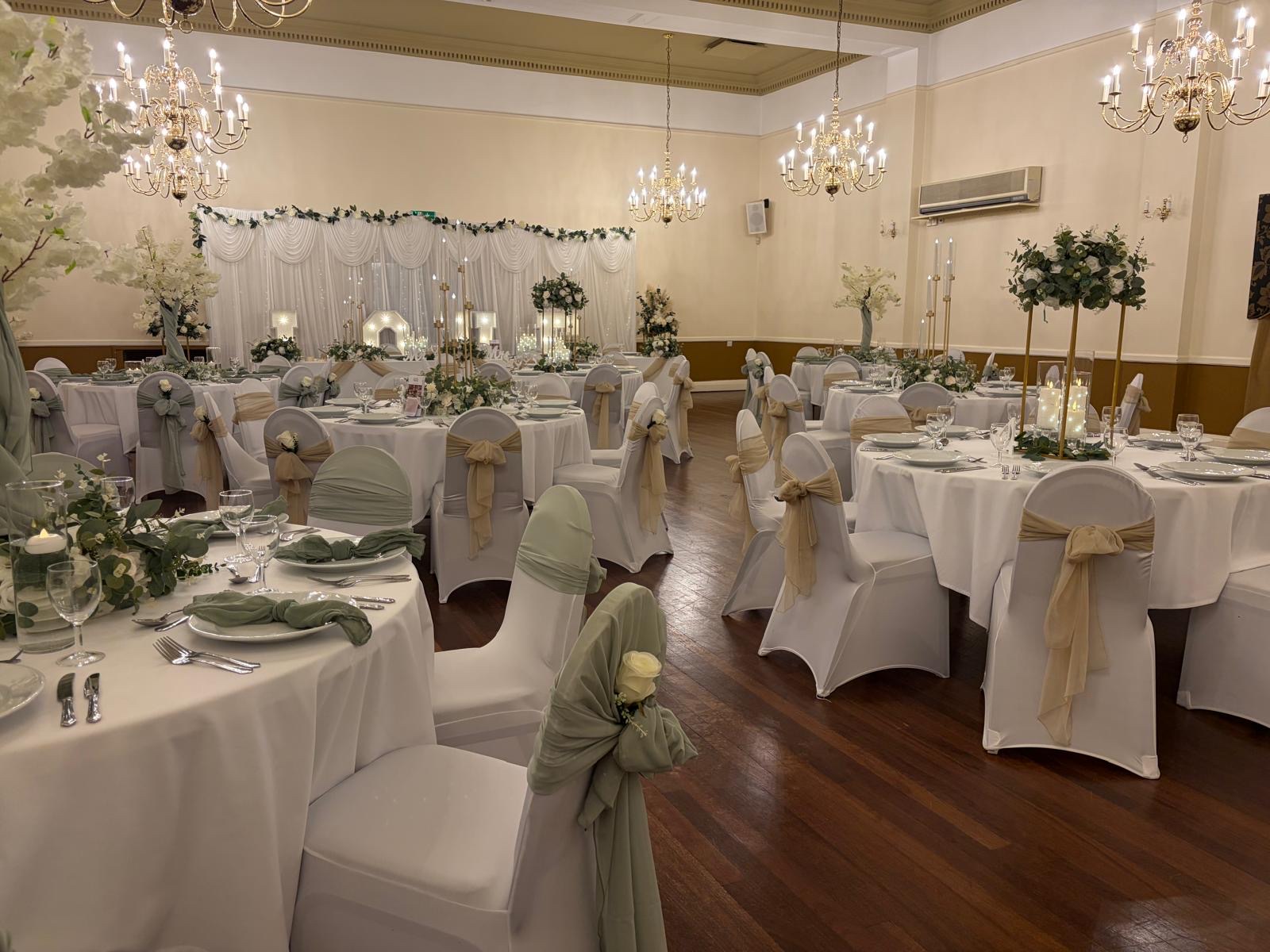 The hall dressed for a wedding reception