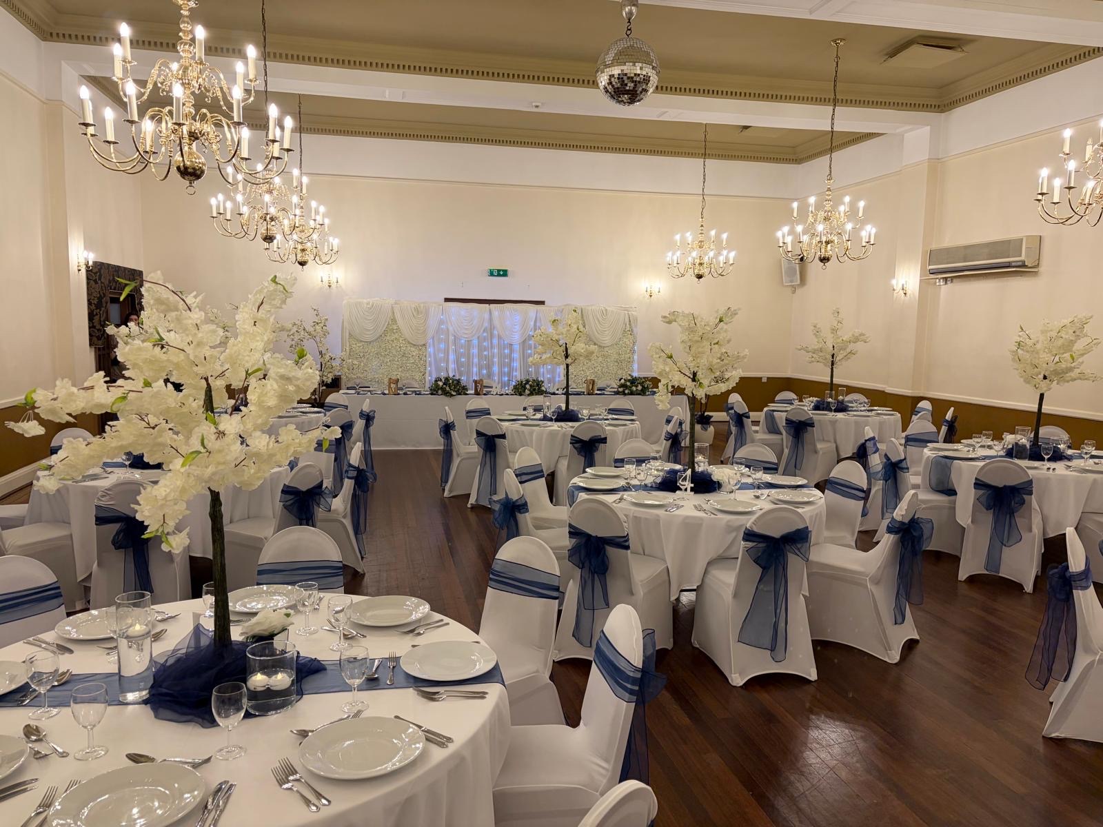 The hall dressed for a wedding reception