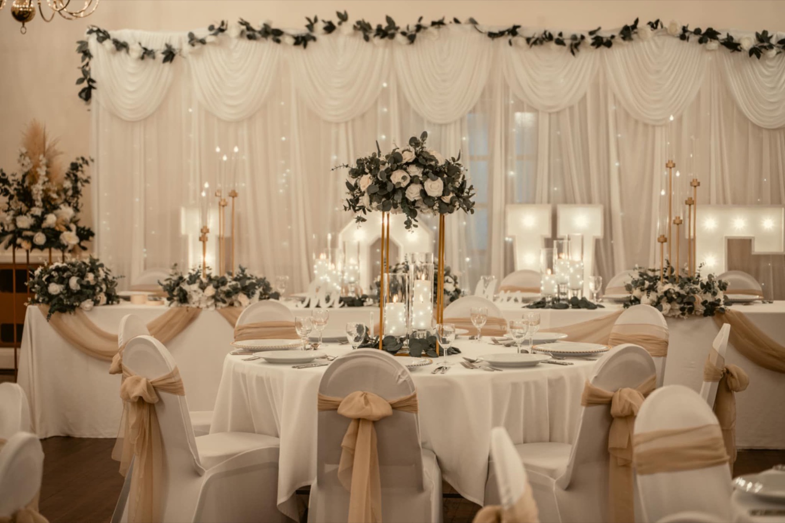 The hall dressed for a wedding reception