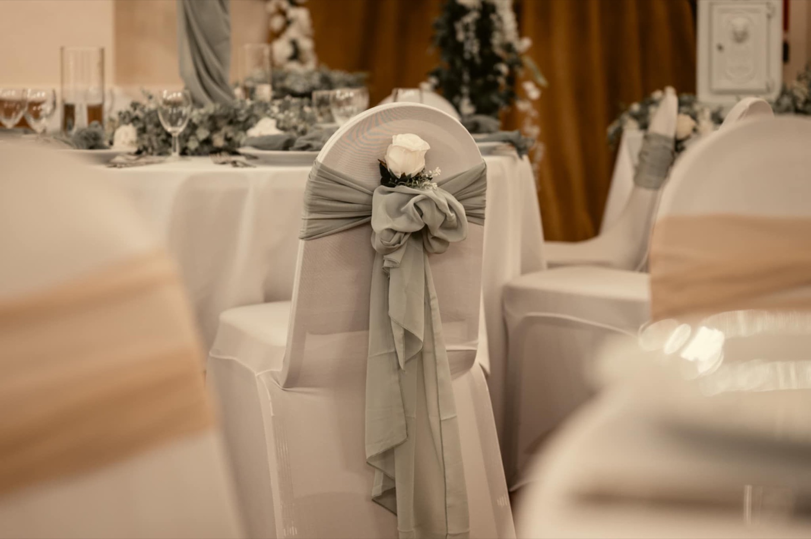 The hall dressed for a wedding reception