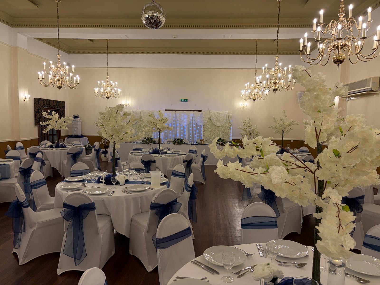 The hall dressed for a wedding reception