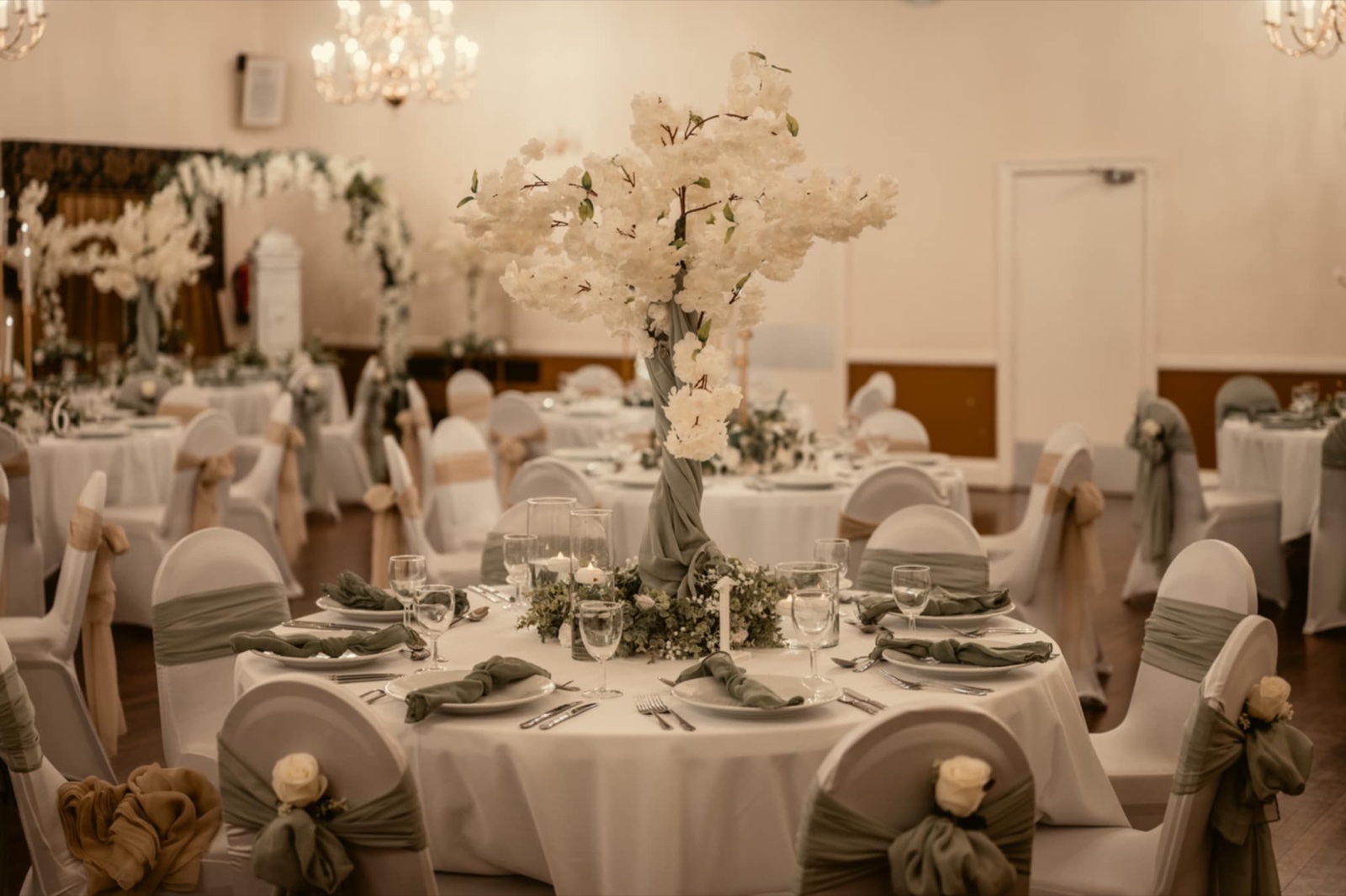 The hall dressed for a wedding reception