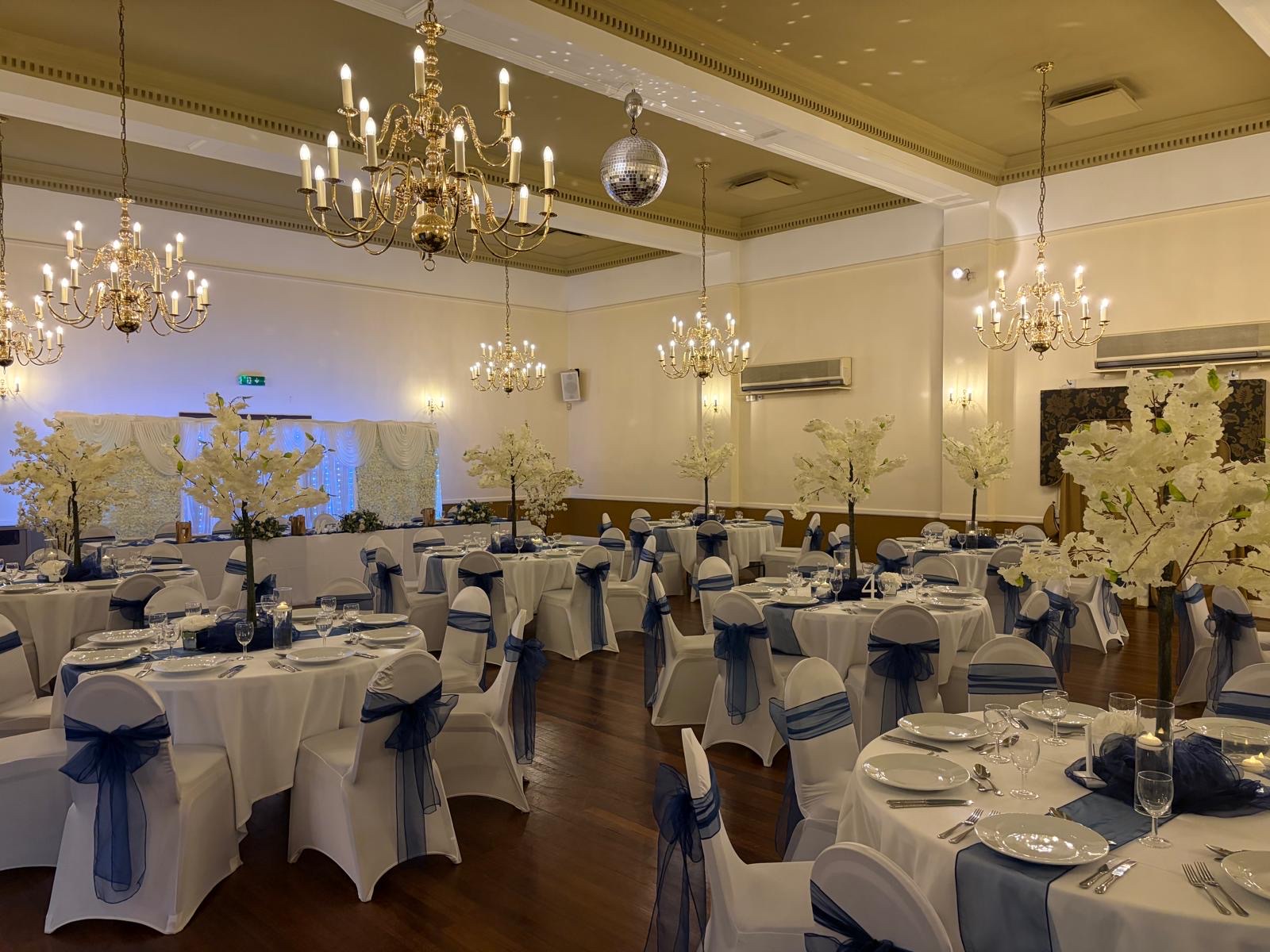 The hall dressed for a wedding reception