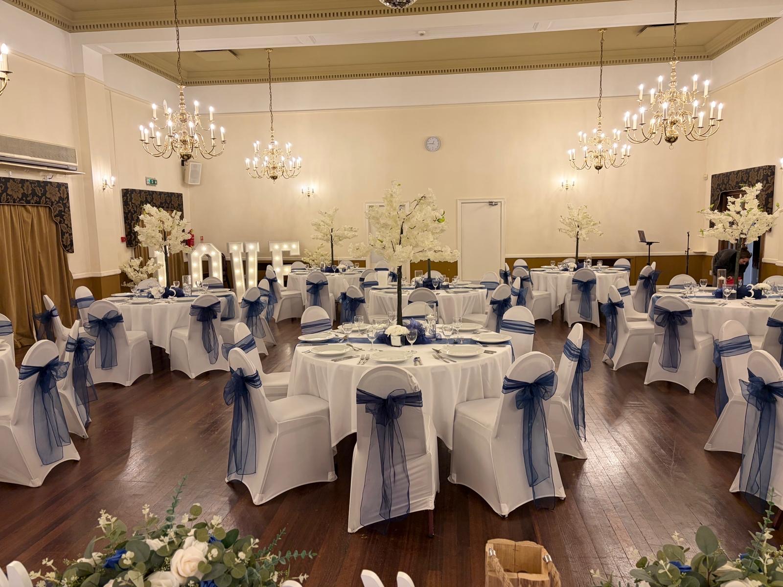The hall dressed for a wedding reception