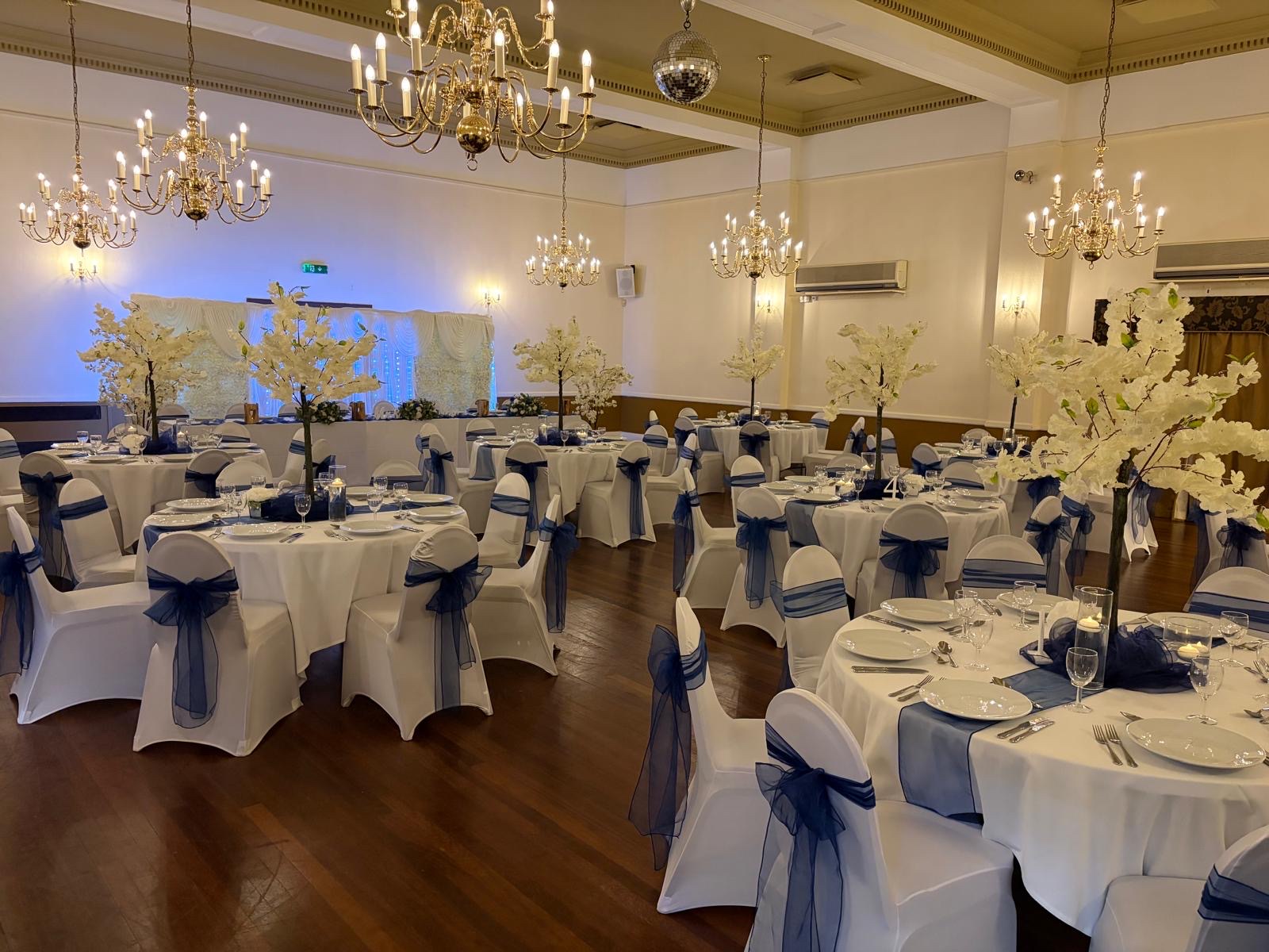 The hall dressed for a wedding reception