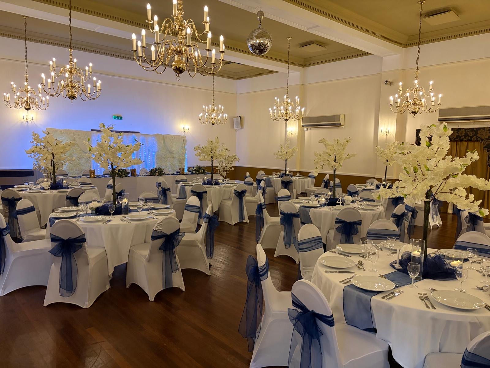 The hall dressed for a wedding reception