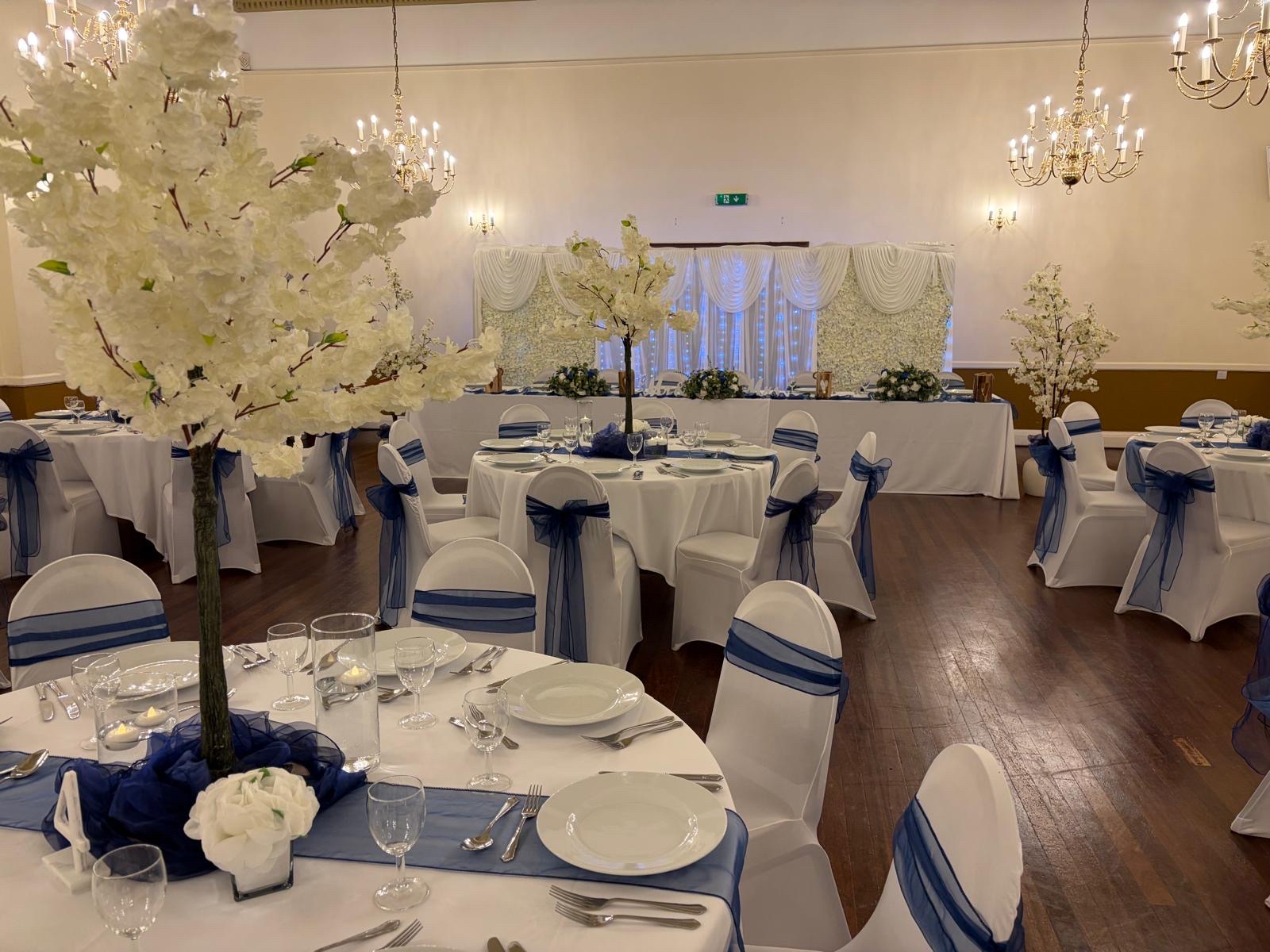 The hall dressed for a wedding reception
