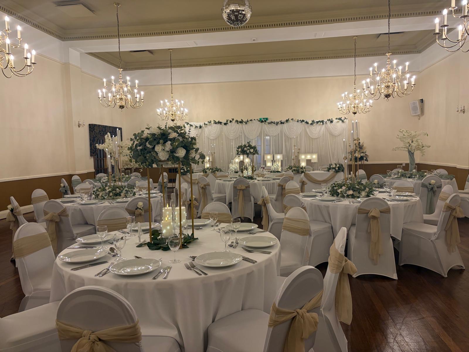 The hall dressed for a wedding reception